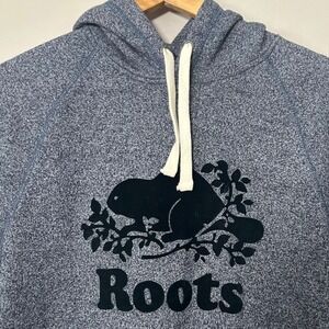 Roots Hoodie Mens Medium Blue Marl Velvet Flock Beaver Logo Raglan Pullover